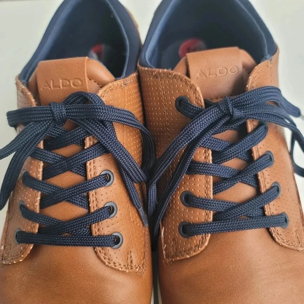 Aldo Flex Men's Size 10 Brown Tan Navy Leather Dress Shoes Rubber Sole Lace Up